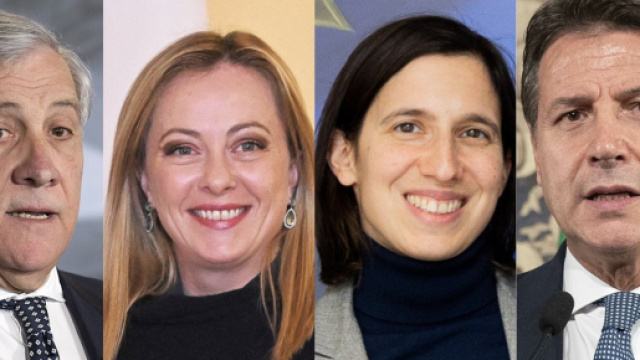 Antonio Tajani, Giorgia Meloni, Elly Schlein, Giuseppe Conte (© Wikimedia commons)