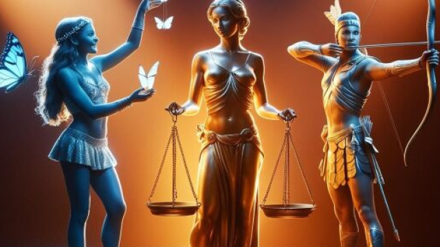 I segni zodiacali Bilancia, Gemelli e Sagittario &copy; Canva AI.