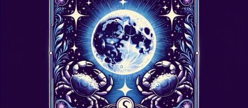 Immagine raffigurante la carta della Luna dei tarocchi con simboli legati al segno del Cancro. © Immagine creata con Dall-E
