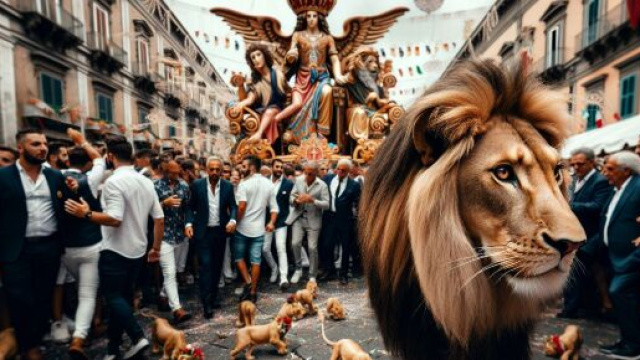 Leone e 'o vino bbuono, numero 45 della Smorfia napoletana, simbolo della celebrazione. © Immagine creata con Dall-E