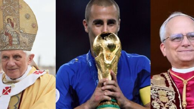 Papa Ratizinger (© Wikipedia), Fabio Cannavaro (© Screenshot Rai 1 del 2006) e Papa Prevost (© Screenshot Rai 1 del 2025)