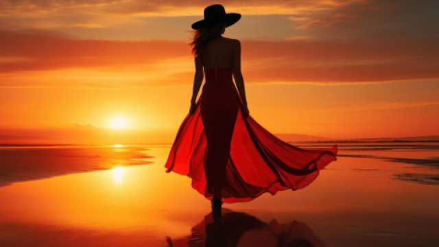 Donna in acqua con un tramonto arancione e giallo sullo sfondo – © Pixabay.