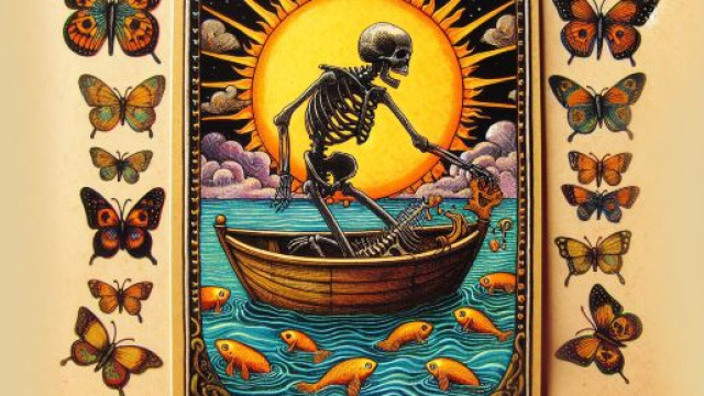Carta dei Tarocchi della Morte associata ai Pesci, simboleggia trasformazione e rinascita.  Immagine creata con Dall-E.