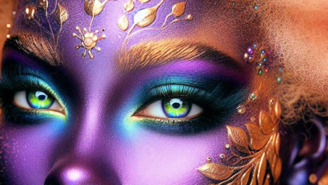 Volto con trucco artistico, colori vivaci e dettagli dorati – © Pixabay.