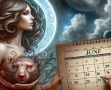 Calendario di giugno con una donna accanto a un animale sotto la luna – generato con © AI Copilot.