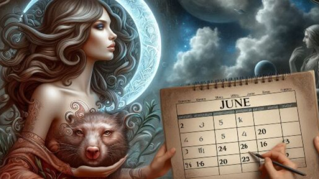 Calendario di giugno con una donna accanto a un animale sotto la luna – generato con © AI Copilot.