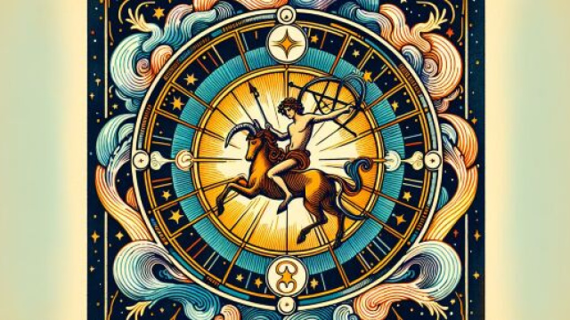 Illustrazione ispirata al segno zodiacale del Sagittario con l'arcano della Ruota della Fortuna. © Immagine creata con Dall-E
