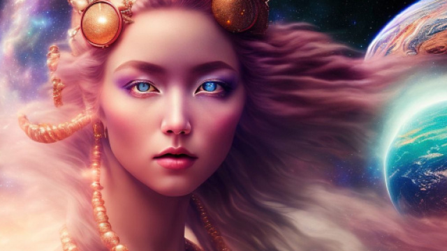 Dea con gli occhi azzurri e pianeti &copy; Pixabay