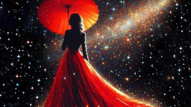 Figura femminile in silhouette con abito e ombrello rosso – © Pixabay.