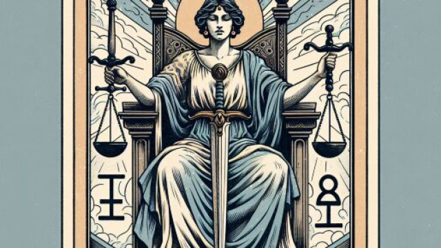 La carta dei tarocchi della Giustizia con il segno zodiacale della Bilancia. © Immagine creata con Dall-E