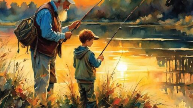 Uomo anziano e bambino pescano insieme al tramonto – © Immagine Pixabay.