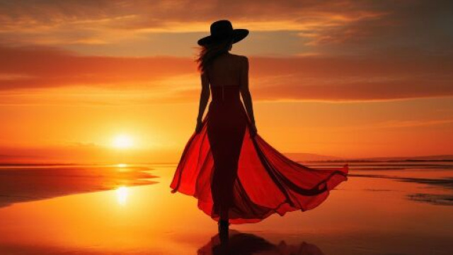Donna con cappello cammina sulla spiaggia al tramonto - © Pixabay.
