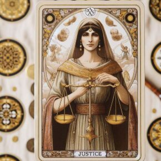 La carta dei tarocchi Giustizia simboleggia equilibrio e imparzialità per il segno della Bilancia. © Immagine creata con Dall-E
