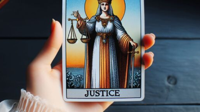 La carta dei tarocchi della Giustizia guida l'Acquario attraverso un viaggio di equilibrio e armonia. © Immagine creata con Dall-E