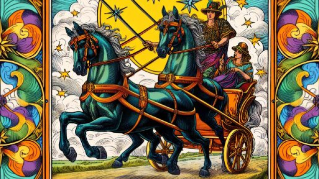 Il Carro accompagnato dal simbolo del Sagittario. © Immagine creata con Dall-E
