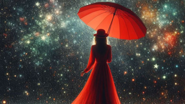Donna con vestito e ombrello rosso osserva le stelle - © Pixabay IA.