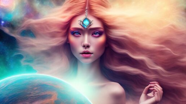Figura femminile eterea con gioiello sulla fronte in un ambiente cosmico © Pixabay.