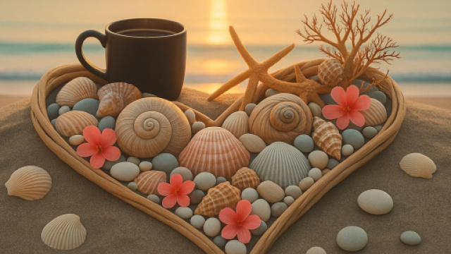 Cuore, conchiglie, fiori rosa e tazzina di caffè sulla spiaggia - © Pixabay IA.