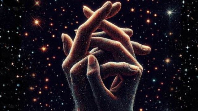 Mani intrecciate sotto un cielo stellato © Foto Pixabay IA.