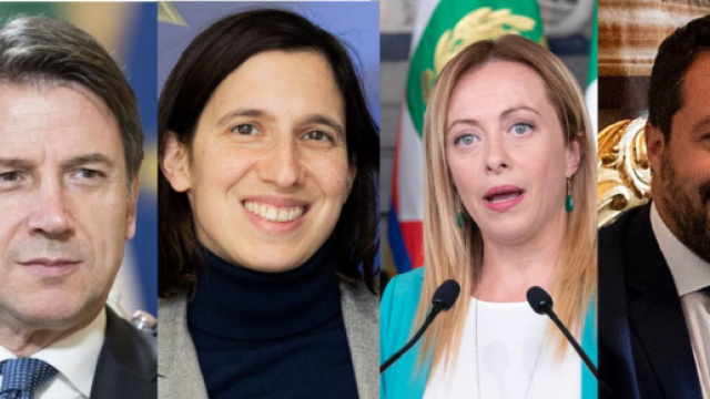 Giuseppe Conte, Elly Schlein, Giorgia Meloni e Matteo Salvini (© Wikimedia commons).