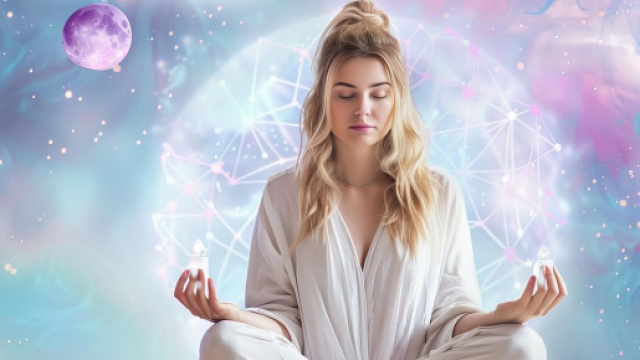 Donna in meditazione in un ambiente etereo e spaziale – © Pixabay IA.