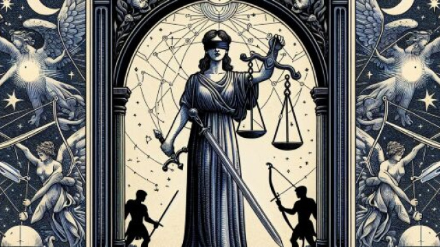 Carta dei tarocchi della Giustizia per il Sagittario. © Immagine creata con Dall-E