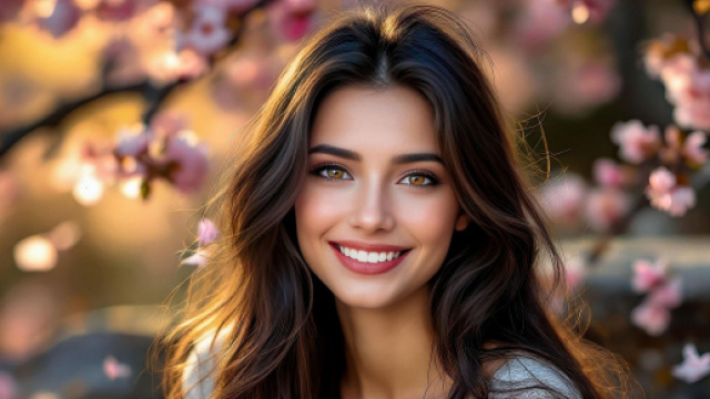 Donna sorridente tra fiori di ciliegio © Pixabay IA