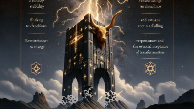 La carta dei tarocchi della Torre per il segno del Toro riflette il tema della trasformazione radicale e rinascita. © Immagine creata con Dall-E