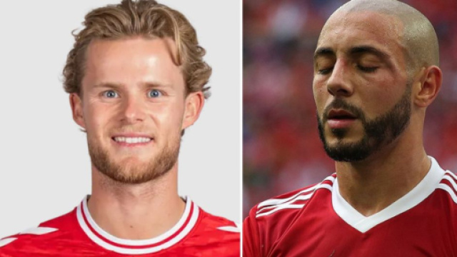 Morten Hjulmand, centrocampista dello Sporting Lisbona. Foto © UEFA. Sofyan Amrabat, centrocampista del Fenerbahce. Foto © Wikipedia