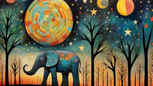 Elefante stilizzato decorato in un paesaggio notturno &copy; Immagine di Pixabay.