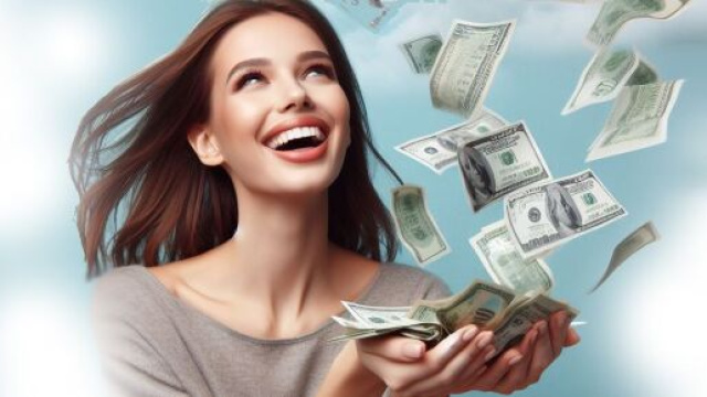 Donna fortunata raccoglie denaro che cade dal cielo - © Pixabay IA.