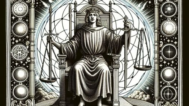 Carta dei tarocchi 'La Giustizia' intrecciata con il segno zodiacale della Bilancia. © Immagine creata con Dall-E