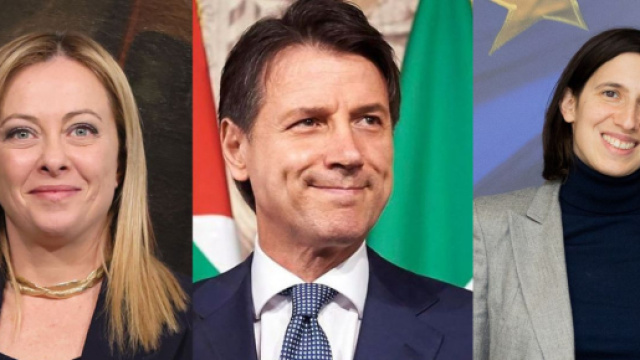 Giorgia Meloni, Giuseppe Conte e Elly Schlein (© Wikimedia commons).