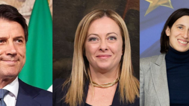 Giuseppe Conte, Giorgia Meloni ed Elly Schlein (© Wikimedia commons).