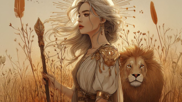 Leone e giovane donna. Immagine © IA Midjourney.