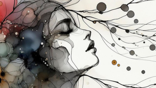 Illustrazione in stile fluid art con profilo femminile e elementi naturali stilizzati © Pixabay IA.