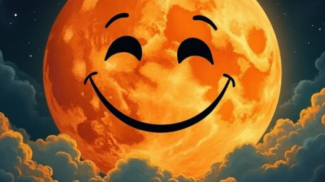 Luna piena sorridente tra nuvole e stelle – © Grox AI X.