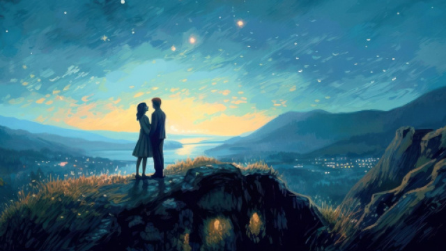 Coppia innamorata guarda il tramonto - © Pixabay IA.