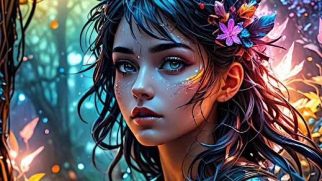 Primo piano di donna con occhi verdi e fiori sgargianti nei capelli - © Pixabay IA.
