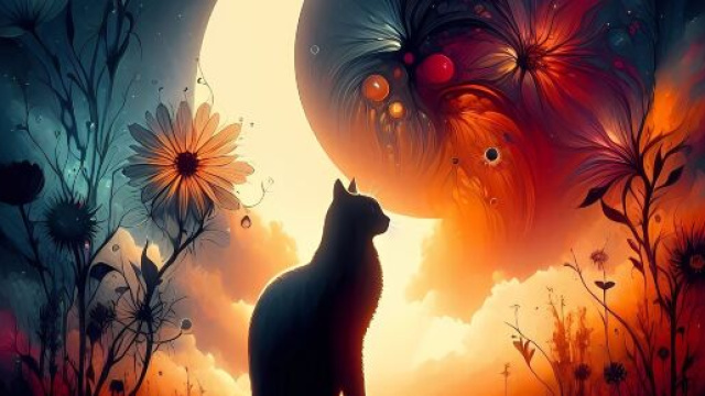 Gatto su sfondo etereo dai toni lunari — © Pixabay IA.