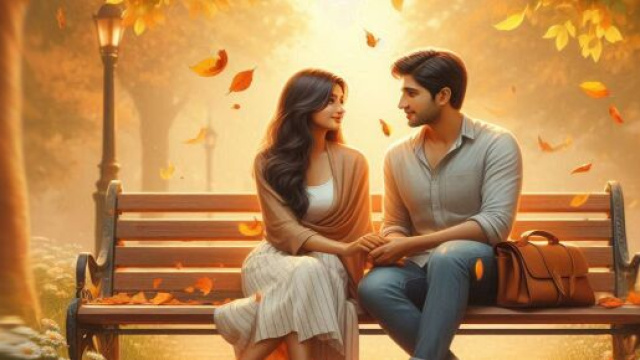 Coppia felice seduta su una panchina al parco - © Pixabay IA.