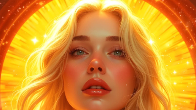Figura femminile bionda dagli occhi chiari, avvolta da luce e stelle – © Pixabay IA.