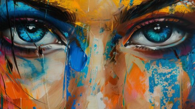 Sguardo di donna risplende tra colori primari © Pixabay IA.