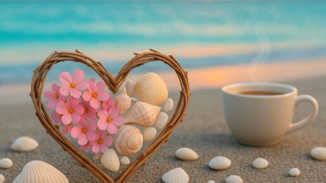 Cuore intrecciato con fiori rosa e conchiglie sulla spiaggia, tazza bianca accanto – © Foto Pixabay / IA.