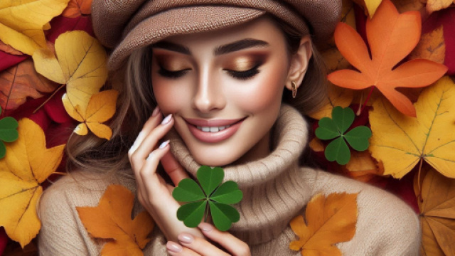 Giovane donna con cappello beige in un paesaggio autunnale – © AI Copilot.