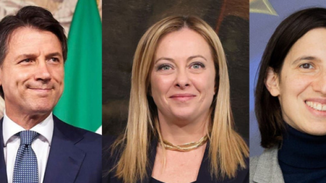 Giuseppe Conte, Giorgia Meloni, Elly Schlein (© Wikimedia commons)