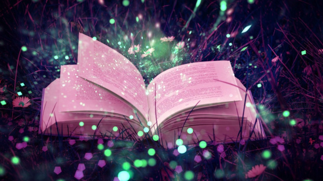 Libro aperto sull&rsquo;erba, avvolto da luce eterea e magica &ndash; &copy; Pixabay IA.