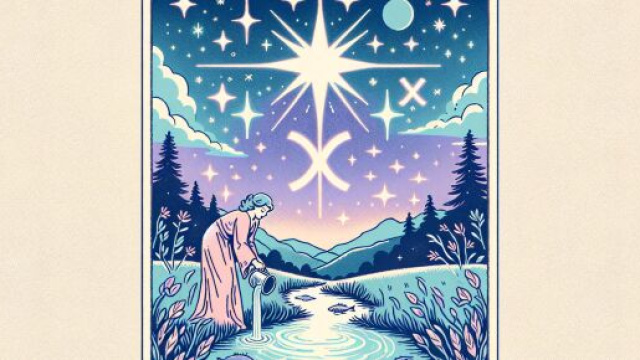 Rappresentazione visiva della carta dei tarocchi della Stella con il simbolo del segno dei Pesci © Immagine creata con Dall-E