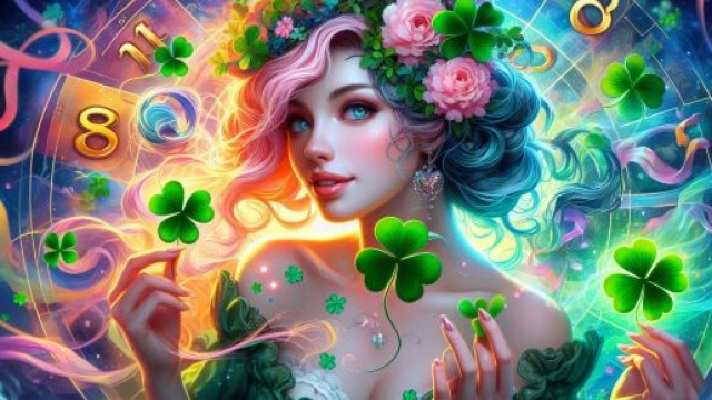 Una donna con i simboli dell'oroscopo dietro e quadrifogli intorno © AI Copilot