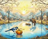 Immagine naif con gazza e zucca in primo piano &ndash; &copy; Copilot IA.